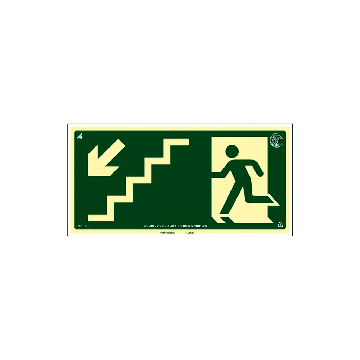 Placa fotoluminescente rota de fuga pela escada à esquerda seta para baixo de PVC