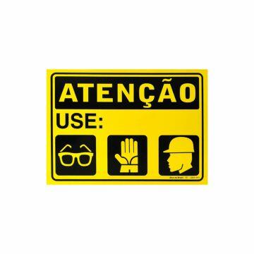 Placa atenção use óculos, luva, capacete de PVC 35 x 25cm