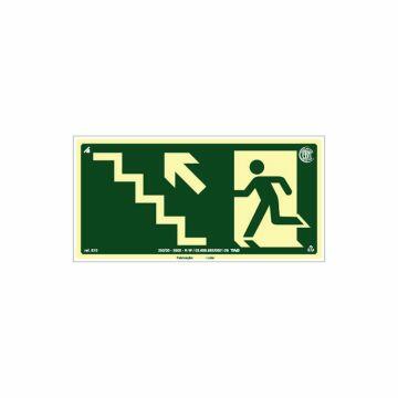 Placa fotoluminescente rota de fuga pela escada à esquerda seta para cima de PVC - 30 x 15cm