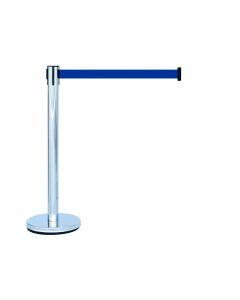 Pedestal organizador de fila cromado em inox com fita retrátil azul